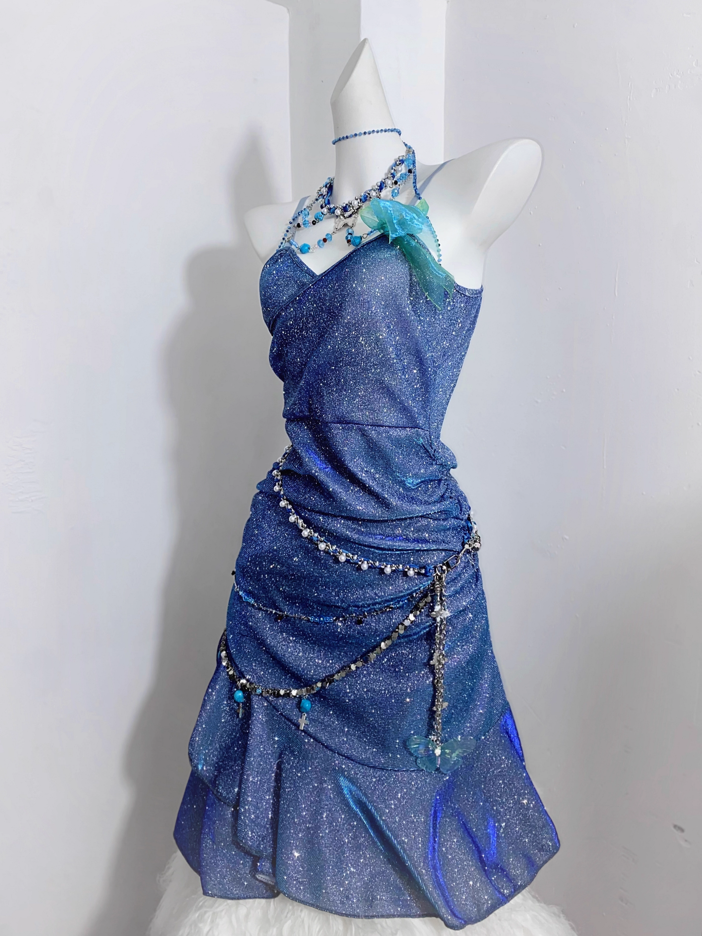 Glitter Blue Spaghetti Straps Short Ruffle Cocktail Dress Formal Homecoming Dress cc3229