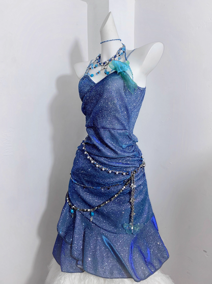 Glitter Blue Spaghetti Straps Short Ruffle Cocktail Dress Formal Homecoming Dress cc3229