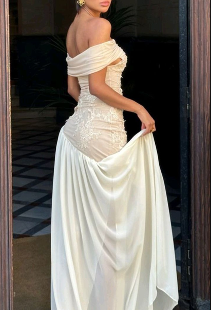 Elegant Strapless Lace Appliques Chiffon Prom Evening Dress Long Wedding Dress cc2244