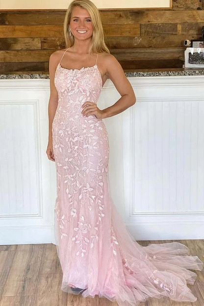 Pink Mermaid Lace Tulle Prom Dress Lace-up Back Evening Dress cc503