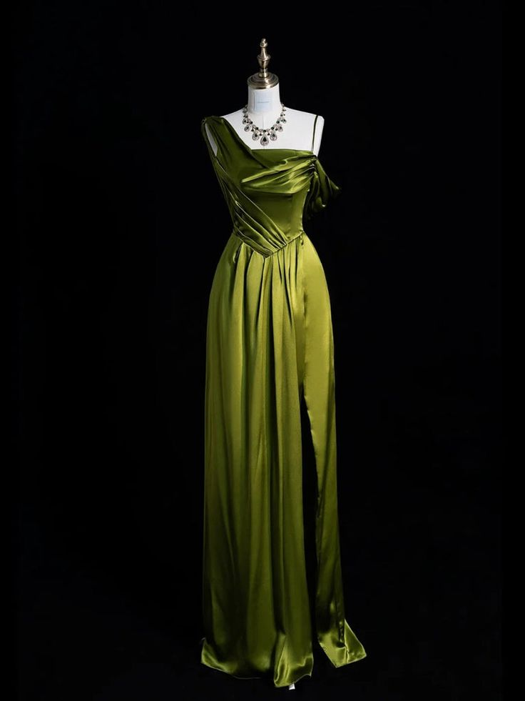 Lovely Green Satin One Shoulder Prom Dress A-line Slit Party Dress cc2189