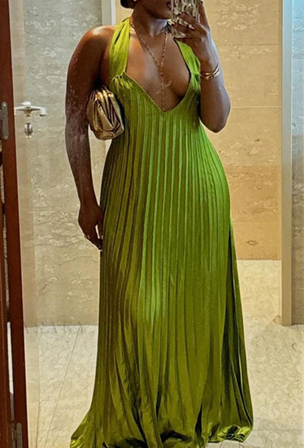 Unique Halter V Neck Pleated Floor Length Green Prom Dress,Party Evening Dress cc2406