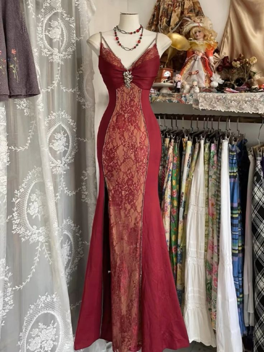 Retro Lace Burgundy Long Prom Dress Mermaid Evening Party Gown  cc3017