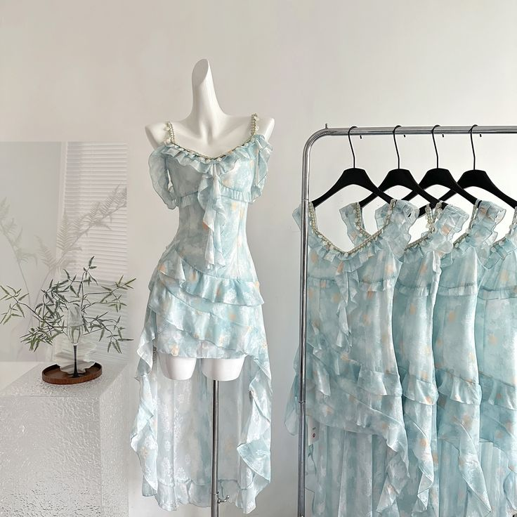 Simple Chiffon Blue Ruffle Party Dress Prom Gown cc3006