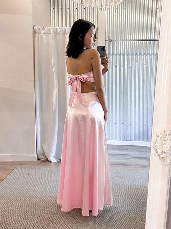 Sexy Pink Satin Backless Party Gown Long Prom Dress cc2265
