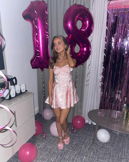 Sweet Pink Strapless Satin Print Short Prom Dress Homecoming Dress cc2539