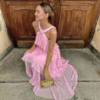 Women's Pink A-line Tiered Prom Dress,Pink Backless Evening Dress cc1207
