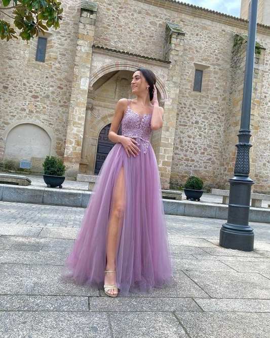 A Line Tulle Purple Formal Evening Dresses Long Front Split Prom Dresses cc741