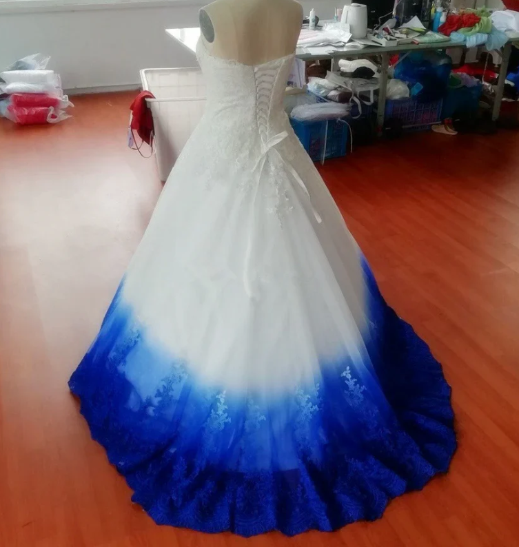 Ball Gown Ombre Prom Dresses, Sweetheart Strapless Evening Dresses, Blue Applique Formal Dresses C1597