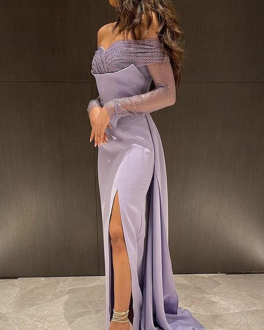 Off The Shoulder Lavender Evening Dress With Slit cc983