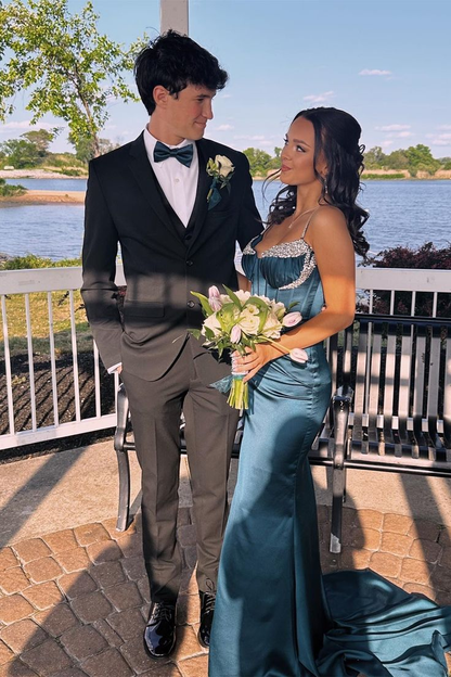 Ink Blue Beaded Mermaid Straps Satin Long Prom Dress with Slit cc1165