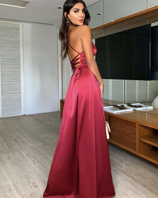 A-line Lace Up Back Satin Floor Length Prom Dress cc1302