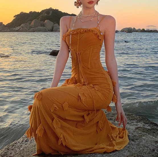 Unique Orange Mermaid Evening Gown Spaghetti Strap 3D Flower Long Prom Dress cc2434