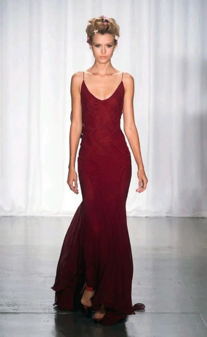 Vintage Burgundy Mermaid Evening Dress Long Prom Dress cc1941