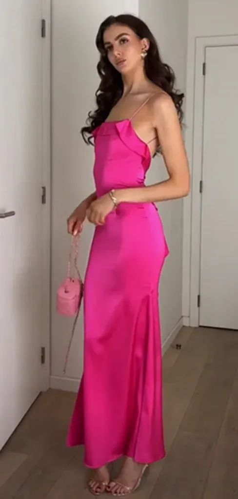 Spaghetti Strap Hot Pink Sleeveless Mermaid Satin Evening Prom Dress cc2212