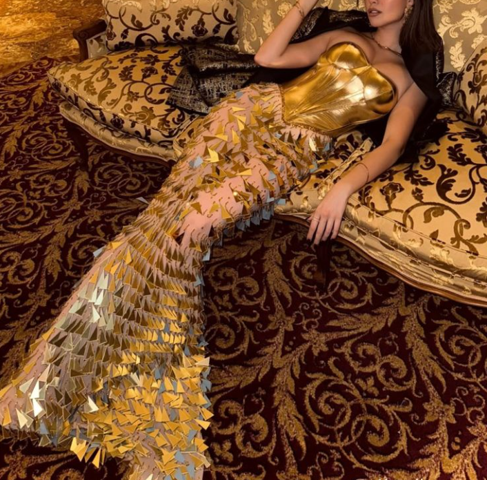 Luxurious Gold Satin Sequins Evening Dress,Strapless Mermaid Prom Dress cc2475