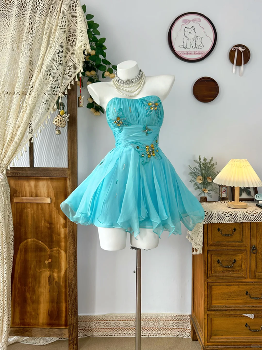Pretty Blue Strapless Chiffon Beaded A Line Short Birthday Outfits Homecoming Dress cc3320
