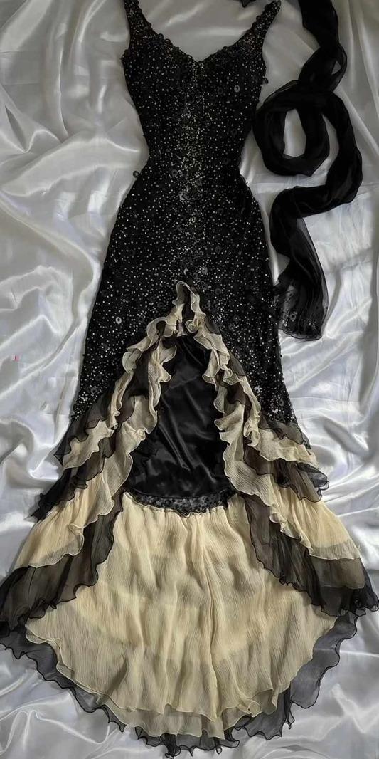 Sparkly Sequins Beaded Ruffles Mermaid Prom Dress Black Party Evening Dress cc2096