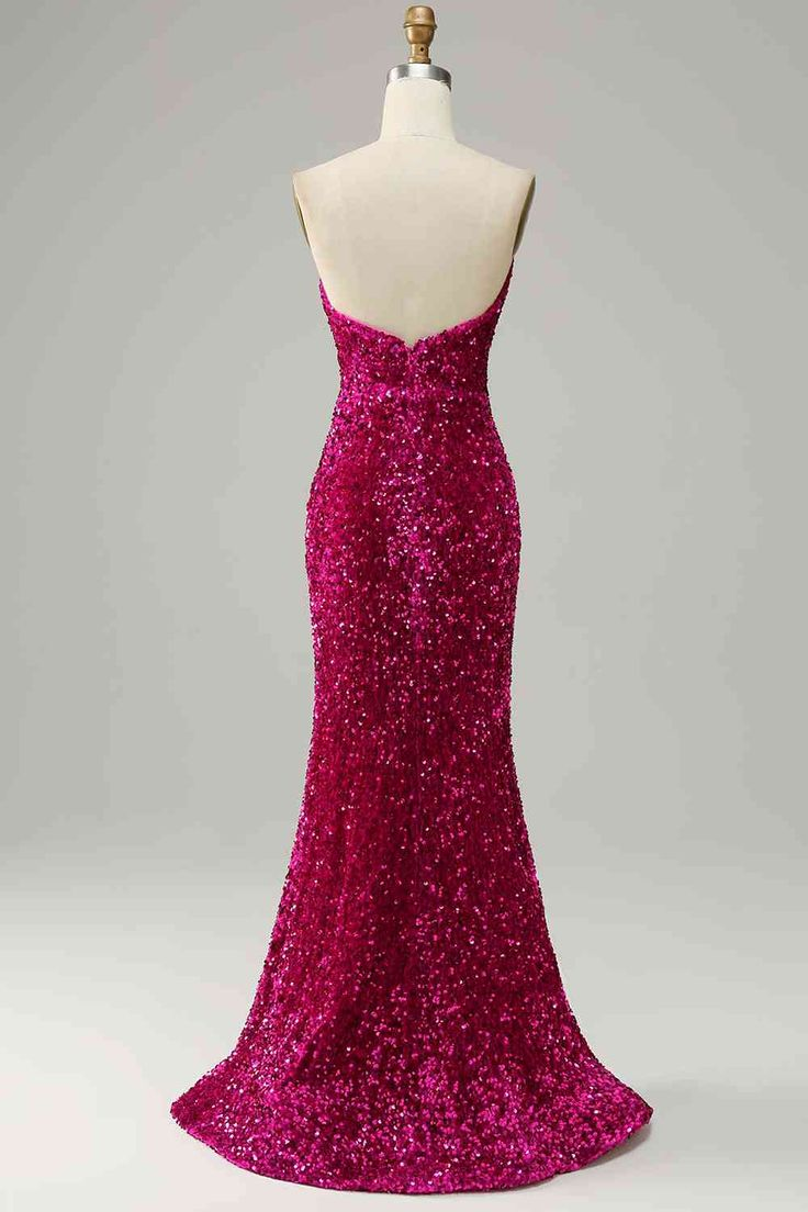 Fuchsia Strapless Sequins Long Prom Dress with Slit cc1004