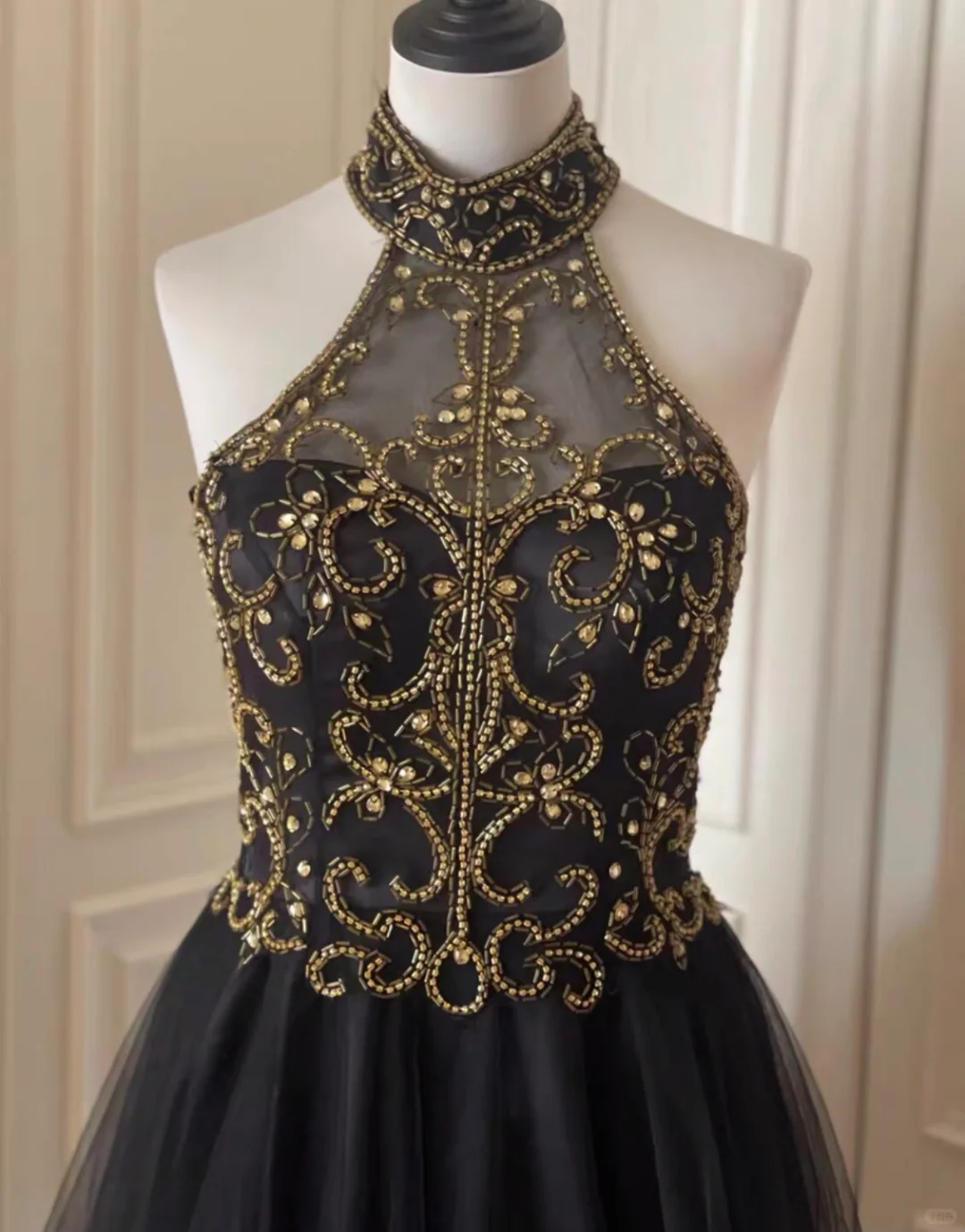 Charming Sleeveless Halter Tulle Beaded Cocktail Dress Black Homecoming Dress Birthday Outfits cc3176