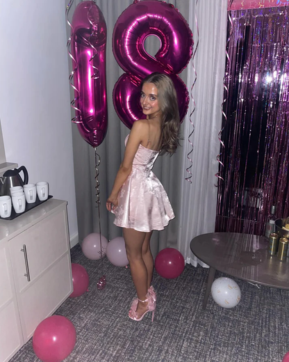 Sweet Pink Strapless Satin Print Short Prom Dress Homecoming Dress cc2539