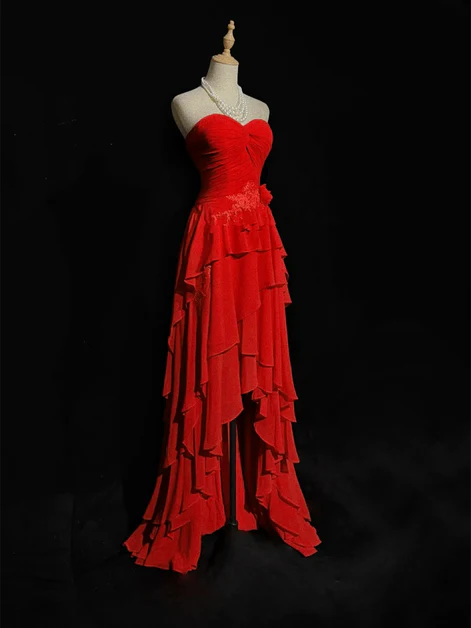 Chic Red Chiffon Appliques Layered Party Dress Elegant Prom Evening Gown cc2193