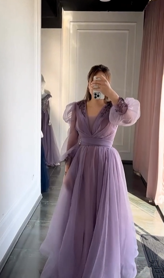 Purple A-line Tulle Beaded Evening Dress With Puff Sleeves cc692