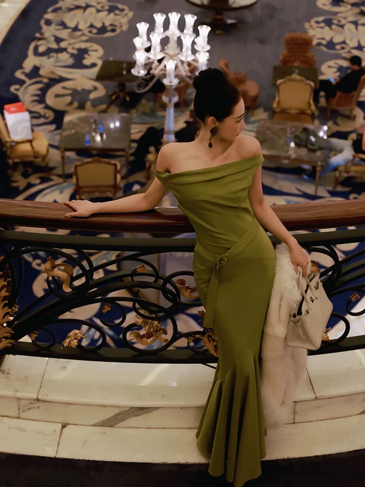 Fashion Green Off Shoulder Mermaid Long Prom Dress Evening Party Dress  cc2291