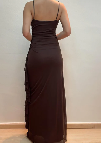 Simple Brown Chiffon Long Prom Dress Vintage Ruffle Party Evening Dress cc2041
