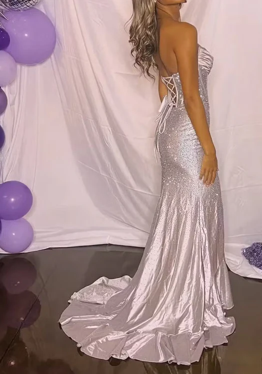 Sexy Mermaid Lilac Strapless Beaded Long Prom Dress Slit Party Evening Gown cc2436