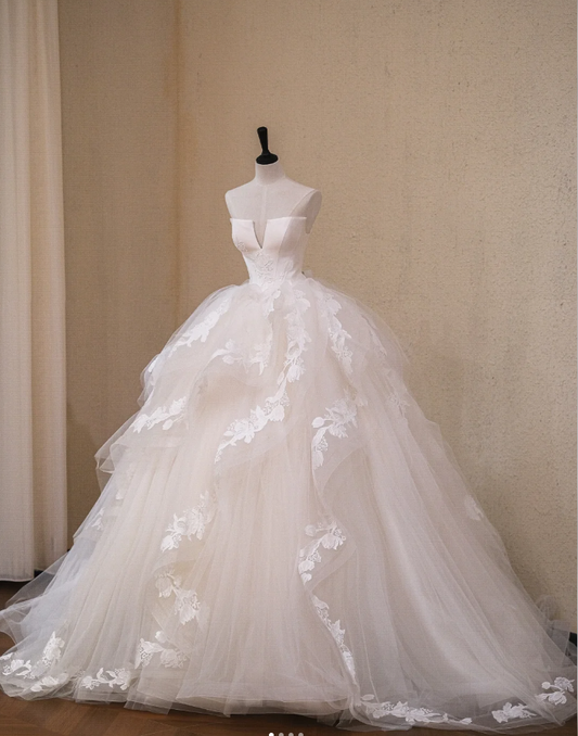 Pretty White Satin Tulle Appliques Long Wedding Dress Formal Bridal Dress cc3463