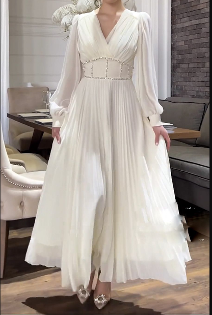 Elegant White Long Sleeves Prom Dress,White Evening Dress cc638
