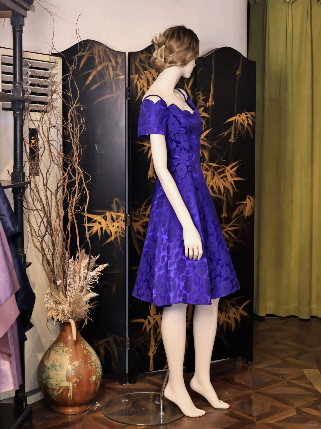 Vintage Purple Satin Floral Print A Line Homecoming Dress Off Shoulder Short Birthday Outfits cc3328