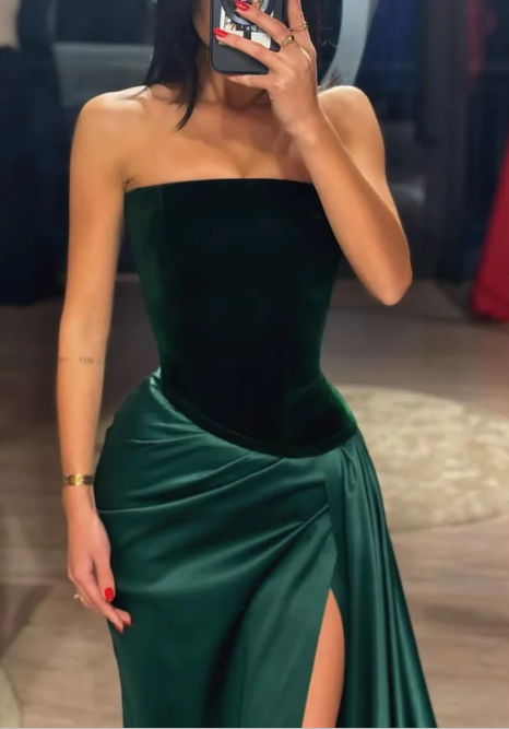 Vintage Green Velvet Satin Evening Dress Strapless Mermaid Slit Prom Dress cc1991