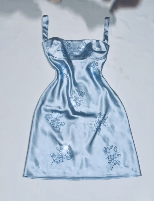 Elegant Blue Spaghetti Straps Satin Beaded Sheath Homecoming Dress Mini Birthday Outfits cc3392