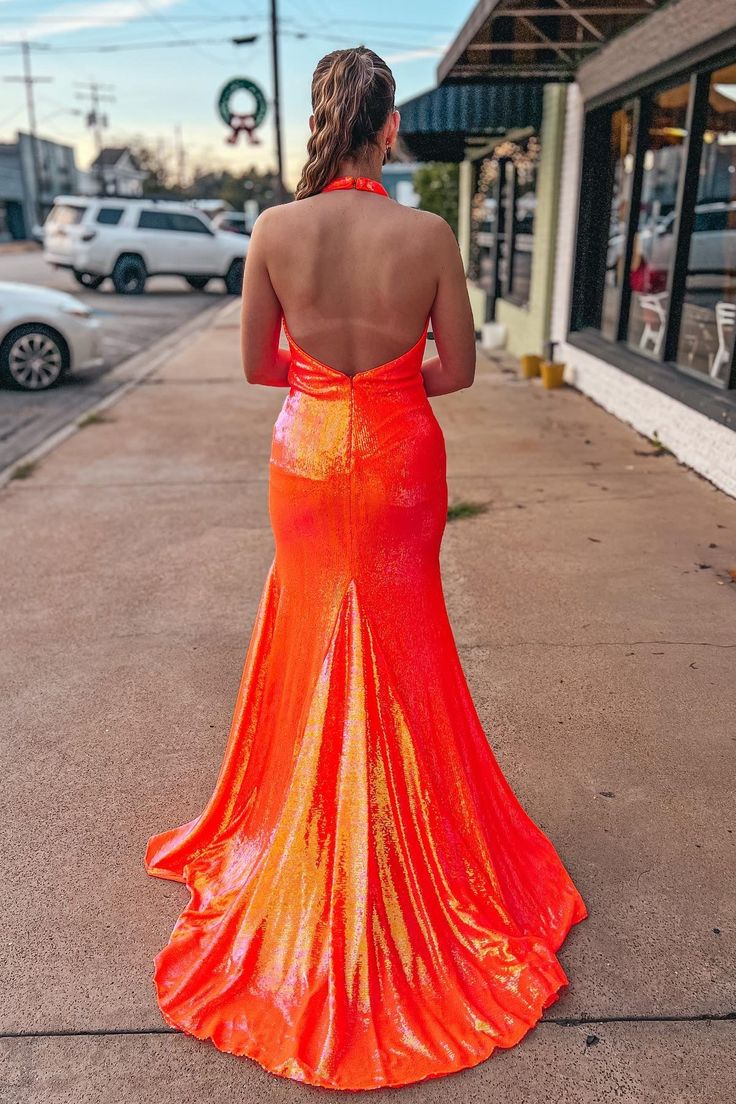 Orange Mermaid Halter Sequins Backless Long Prom Dress cc1012