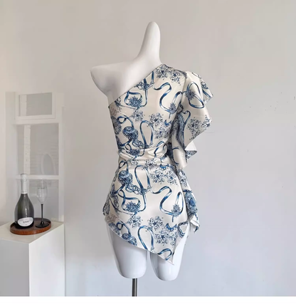 Off-shoulder Irregular Satin Print Hot Girl Sexy Mini Dress cc3067