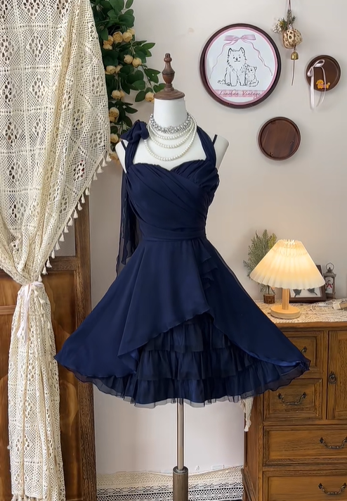 Pretty Halter Chiffon Tulle ALine Short Birthday Outfits Navy Blue Homecoming Dress cc3103