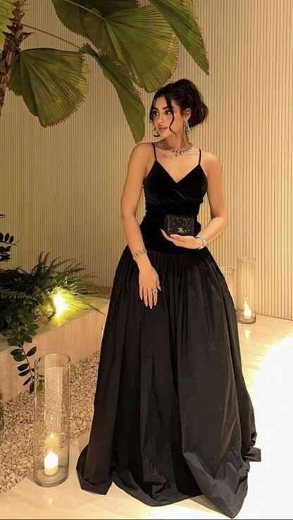 Simple Black Spaghetti Straps Satin Party Prom Dress A Line Evening Dress cc2444