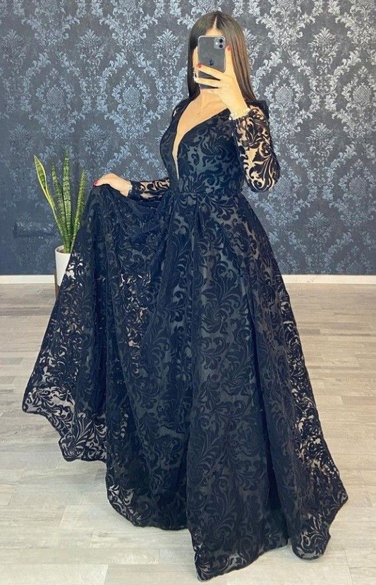 V-Neck Long Sleeve Prom Dresses, Black Long Prom Dress cc683
