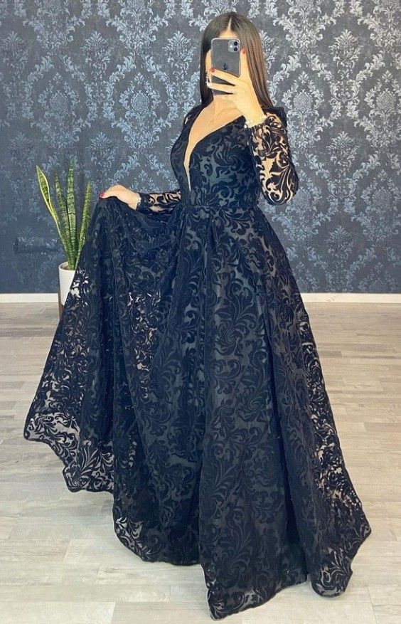 V-Neck Long Sleeve Prom Dresses, Black Long Prom Dress cc683