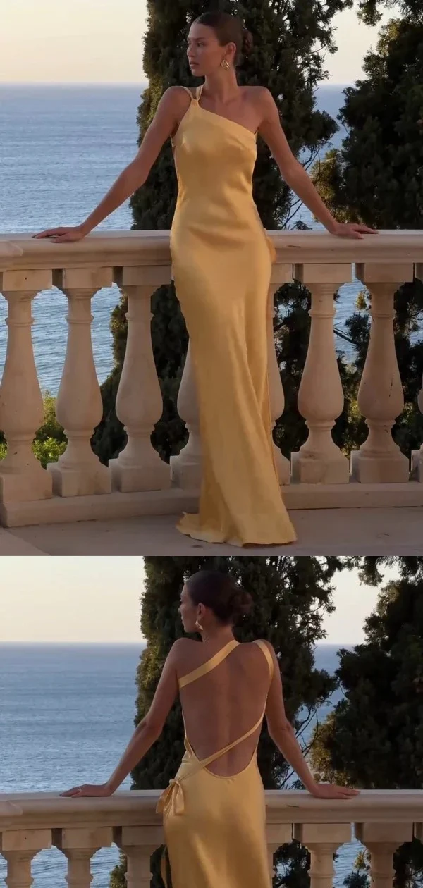 Elegant Yellow One Shoulder Backless Evening Dress Long Prom Dress cc2336