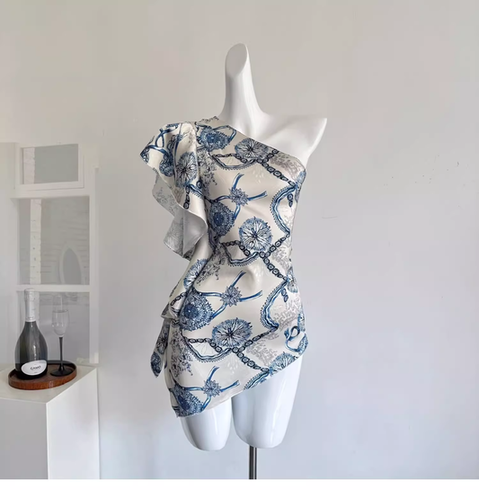 Off-shoulder Irregular Satin Print Hot Girl Sexy Mini Dress cc3067