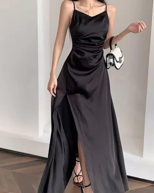Simple Spaghetti Straps Black Slit A Line Evening Dress Long Prom Dress cc2019