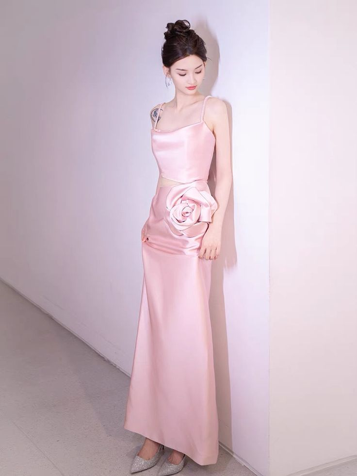Elegant Pink Straps Sheath Prom Dress Evening Dress With Rose Flowers cc2169