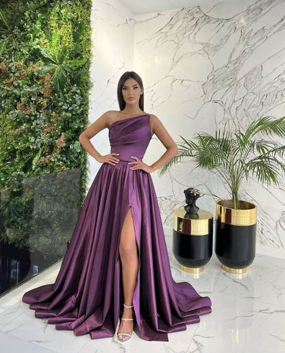 Asymmetrical Ruched With Train And Slit Prom Formal Party Evening Dress cc616