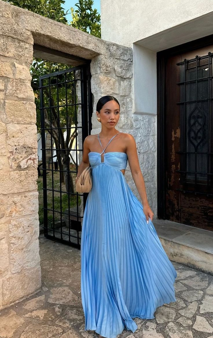Halter Blue Pleated Long Prom Dress Formal Evening Dress cc2375