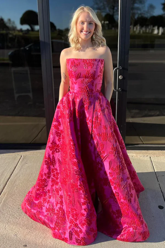 Unique Sweetheart Jacquard Satin Long Prom Dress With Pockets  cc2439