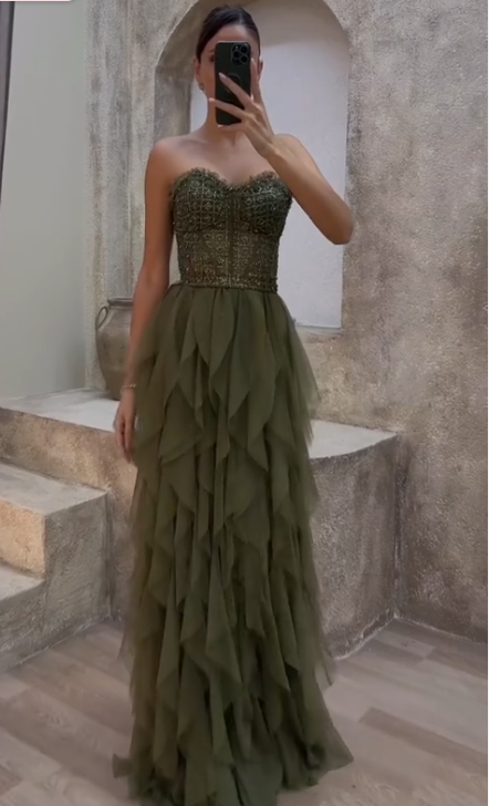 Vintage Green Tulle Beaded A Line Party Dress,Formal Prom Evening Gown cc2653