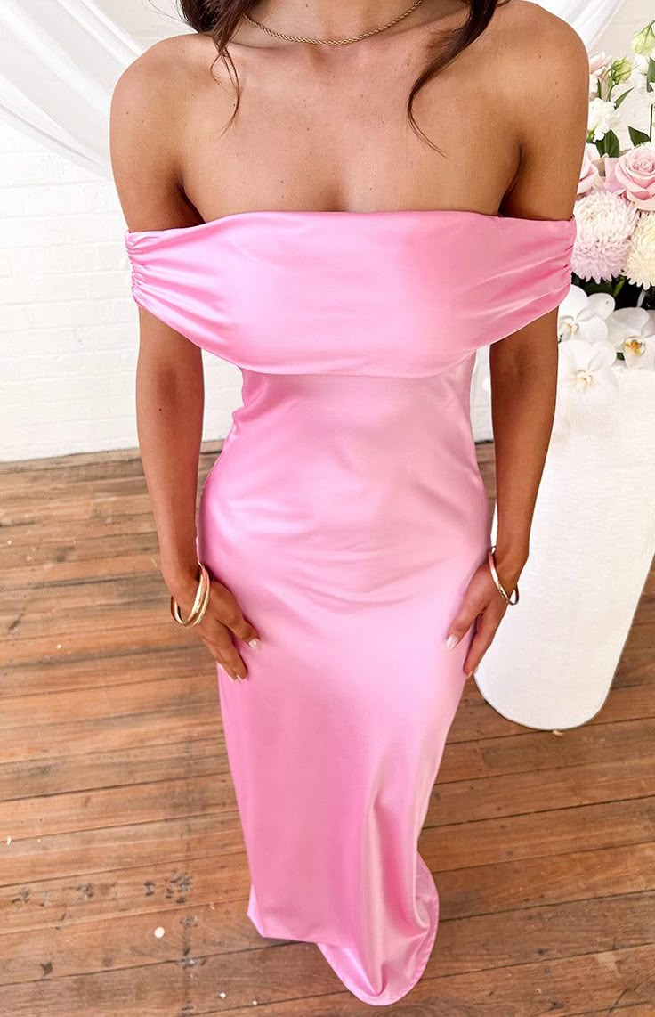 Chic Pink Off The Shoulder Satin Sheath Evening Dress,Long Prom Dress cc2553